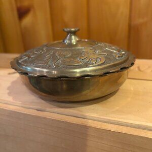 Vintage Ornate Brass lidded dish  w Asian characters  or symbols on lid w scallo